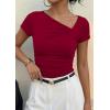 image:imagePRETTYGARDEN Womens 2026 Summer Asymmetrical Y2K Tops Trendy Ribbed Short Sleeve Fitted Tee Shirts Spring Fashion ClothingRed