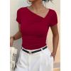 image:imagePRETTYGARDEN Womens 2026 Summer Asymmetrical Y2K Tops Trendy Ribbed Short Sleeve Fitted Tee Shirts Spring Fashion ClothingRed