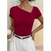 image:imagePRETTYGARDEN Womens 2026 Summer Asymmetrical Y2K Tops Trendy Ribbed Short Sleeve Fitted Tee Shirts Spring Fashion ClothingRed