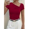 image:imagePRETTYGARDEN Womens 2026 Summer Asymmetrical Y2K Tops Trendy Ribbed Short Sleeve Fitted Tee Shirts Spring Fashion ClothingRed