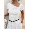 image:imagePRETTYGARDEN Womens 2026 Summer Asymmetrical Y2K Tops Trendy Ribbed Short Sleeve Fitted Tee Shirts Spring Fashion ClothingWhite