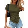 image:imagePRETTYGARDEN Womens Asymmetrical Tops 2026 Spring Summer Going Out Shirts Y2K Short Sleeve Crew Neck Ruched Trendy ClothesArmy Green