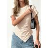image:imagePRETTYGARDEN Womens Asymmetrical Tops 2026 Spring Summer Going Out Shirts Y2K Short Sleeve Crew Neck Ruched Trendy ClothesBeige