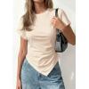 image:imagePRETTYGARDEN Womens Asymmetrical Tops 2026 Spring Summer Going Out Shirts Y2K Short Sleeve Crew Neck Ruched Trendy ClothesBeige