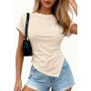 image:imagePRETTYGARDEN Womens Asymmetrical Tops 2026 Spring Summer Going Out Shirts Y2K Short Sleeve Crew Neck Ruched Trendy ClothesBeige