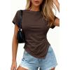 image:imagePRETTYGARDEN Womens Asymmetrical Tops 2026 Spring Summer Going Out Shirts Y2K Short Sleeve Crew Neck Ruched Trendy ClothesBrown