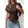 image:imagePRETTYGARDEN Womens Asymmetrical Tops 2026 Spring Summer Going Out Shirts Y2K Short Sleeve Crew Neck Ruched Trendy ClothesBrown