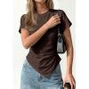 image:imagePRETTYGARDEN Womens Asymmetrical Tops 2026 Spring Summer Going Out Shirts Y2K Short Sleeve Crew Neck Ruched Trendy ClothesBrown