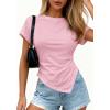 image:imagePRETTYGARDEN Womens Asymmetrical Tops 2026 Spring Summer Going Out Shirts Y2K Short Sleeve Crew Neck Ruched Trendy ClothesPink