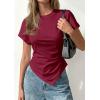 image:imagePRETTYGARDEN Womens Asymmetrical Tops 2026 Spring Summer Going Out Shirts Y2K Short Sleeve Crew Neck Ruched Trendy ClothesWine Red