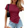 image:imagePRETTYGARDEN Womens Asymmetrical Tops 2026 Spring Summer Going Out Shirts Y2K Short Sleeve Crew Neck Ruched Trendy ClothesWine Red