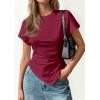 image:imagePRETTYGARDEN Womens Asymmetrical Tops 2026 Spring Summer Going Out Shirts Y2K Short Sleeve Crew Neck Ruched Trendy ClothesWine Red