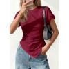 image:imagePRETTYGARDEN Womens Asymmetrical Tops 2026 Spring Summer Going Out Shirts Y2K Short Sleeve Crew Neck Ruched Trendy ClothesWine Red