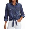 image:imagePRETTYGARDEN Womens Denim Shirts Long Sleeve Button Down Shirt Women Tie Knot Front Cardigans Summer Jean Crop Tops JacketsDark Blue