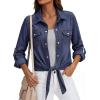 image:imagePRETTYGARDEN Womens Denim Shirts Long Sleeve Button Down Shirt Women Tie Knot Front Cardigans Summer Jean Crop Tops JacketsDark Blue