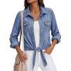 image:imagePRETTYGARDEN Womens Denim Shirts Long Sleeve Button Down Shirt Women Tie Knot Front Cardigans Summer Jean Crop Tops JacketsLight Blue