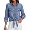 image:imagePRETTYGARDEN Womens Denim Shirts Long Sleeve Button Down Shirt Women Tie Knot Front Cardigans Summer Jean Crop Tops JacketsLight Blue