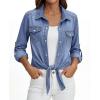 image:imagePRETTYGARDEN Womens Denim Shirts Long Sleeve Button Down Shirt Women Tie Knot Front Cardigans Summer Jean Crop Tops JacketsLight Blue