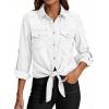 image:imagePRETTYGARDEN Womens Denim Shirts Long Sleeve Button Down Shirt Women Tie Knot Front Cardigans Summer Jean Crop Tops JacketsWhite