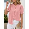 image:imagePRETTYGARDEN Womens Puff Short Sleeve Tops 2026 Summer Spring Button Down Boho Embroidered Cute Blouse Dressy Casual ShirtsPink