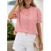 image:imagePRETTYGARDEN Womens Puff Short Sleeve Tops 2026 Summer Spring Button Down Boho Embroidered Cute Blouse Dressy Casual ShirtsPink