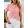 image:imagePRETTYGARDEN Womens Puff Short Sleeve Tops 2026 Summer Spring Button Down Boho Embroidered Cute Blouse Dressy Casual ShirtsPink