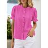 image:imagePRETTYGARDEN Womens Puff Short Sleeve Tops 2026 Summer Spring Button Down Boho Embroidered Cute Blouse Dressy Casual ShirtsRose Red