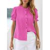 image:imagePRETTYGARDEN Womens Puff Short Sleeve Tops 2026 Summer Spring Button Down Boho Embroidered Cute Blouse Dressy Casual ShirtsRose Red