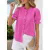 image:imagePRETTYGARDEN Womens Puff Short Sleeve Tops 2026 Summer Spring Button Down Boho Embroidered Cute Blouse Dressy Casual ShirtsRose Red