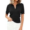 image:imagePRETTYGARDEN Womens Short Sleeve Sweater 2026 Spring Polo Shirts Ribbed Knit V Neck Business Casual Tops Summer Work ClothesBlack