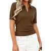 image:imagePRETTYGARDEN Womens Short Sleeve Sweater 2026 Spring Polo Shirts Ribbed Knit V Neck Business Casual Tops Summer Work ClothesBrown