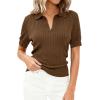 image:imagePRETTYGARDEN Womens Short Sleeve Sweater 2026 Spring Polo Shirts Ribbed Knit V Neck Business Casual Tops Summer Work ClothesBrown