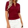 image:imagePRETTYGARDEN Womens Short Sleeve Sweater 2026 Spring Polo Shirts Ribbed Knit V Neck Business Casual Tops Summer Work ClothesBurgundy