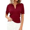 image:imagePRETTYGARDEN Womens Short Sleeve Sweater 2026 Spring Polo Shirts Ribbed Knit V Neck Business Casual Tops Summer Work ClothesBurgundy