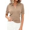 image:imagePRETTYGARDEN Womens Short Sleeve Sweater 2026 Spring Polo Shirts Ribbed Knit V Neck Business Casual Tops Summer Work ClothesKhaki