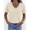 image:imagePRETTYGARDEN Womens Short Sleeve Sweater V Neck Trendy Pullover Tops 2026 Summer Spring Loose Lightweight Casual BlouseBeige