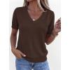 image:imagePRETTYGARDEN Womens Short Sleeve Sweater V Neck Trendy Pullover Tops 2026 Summer Spring Loose Lightweight Casual BlouseBrown