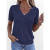 image:imagePRETTYGARDEN Womens Short Sleeve Sweater V Neck Trendy Pullover Tops 2026 Summer Spring Loose Lightweight Casual BlouseNavy Blue