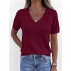 image:imagePRETTYGARDEN Womens Short Sleeve Sweater V Neck Trendy Pullover Tops 2026 Summer Spring Loose Lightweight Casual BlouseWine Red