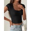 image:imagePRETTYGARDEN Womens Short Sleeve Tops 2026 Summer Lace Trim Square Neck Slim Fitted Going Out Basic Tee Shirts Y2K ClothesBlack