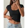 image:imagePRETTYGARDEN Womens Short Sleeve Tops 2026 Summer Lace Trim Square Neck Slim Fitted Going Out Basic Tee Shirts Y2K ClothesBlack