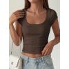 image:imagePRETTYGARDEN Womens Short Sleeve Tops 2026 Summer Lace Trim Square Neck Slim Fitted Going Out Basic Tee Shirts Y2K ClothesBrown