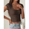 image:imagePRETTYGARDEN Womens Short Sleeve Tops 2026 Summer Lace Trim Square Neck Slim Fitted Going Out Basic Tee Shirts Y2K ClothesBrown