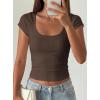 image:imagePRETTYGARDEN Womens Short Sleeve Tops 2026 Summer Lace Trim Square Neck Slim Fitted Going Out Basic Tee Shirts Y2K ClothesBrown