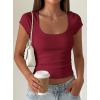 image:imagePRETTYGARDEN Womens Short Sleeve Tops 2026 Summer Lace Trim Square Neck Slim Fitted Going Out Basic Tee Shirts Y2K ClothesBurgundy