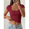 image:imagePRETTYGARDEN Womens Short Sleeve Tops 2026 Summer Lace Trim Square Neck Slim Fitted Going Out Basic Tee Shirts Y2K ClothesBurgundy
