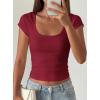 image:imagePRETTYGARDEN Womens Short Sleeve Tops 2026 Summer Lace Trim Square Neck Slim Fitted Going Out Basic Tee Shirts Y2K ClothesBurgundy