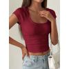 image:imagePRETTYGARDEN Womens Short Sleeve Tops 2026 Summer Lace Trim Square Neck Slim Fitted Going Out Basic Tee Shirts Y2K ClothesBurgundy