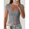 image:imagePRETTYGARDEN Womens Short Sleeve Tops 2026 Summer Lace Trim Square Neck Slim Fitted Going Out Basic Tee Shirts Y2K ClothesGrey