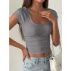image:imagePRETTYGARDEN Womens Short Sleeve Tops 2026 Summer Lace Trim Square Neck Slim Fitted Going Out Basic Tee Shirts Y2K ClothesGrey